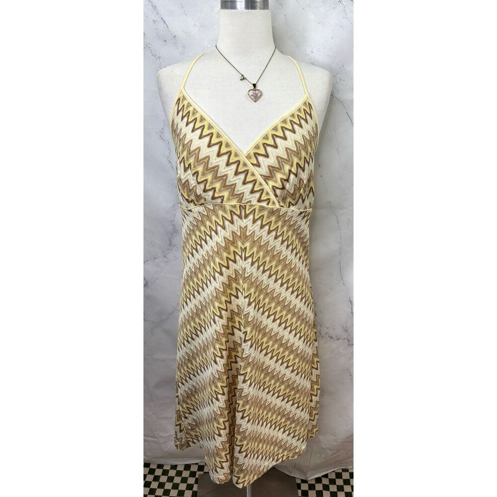 Vintage 90 Y2K Halter Dress 14 XL Chevron Babydoll Missoni Style Yellow Retro